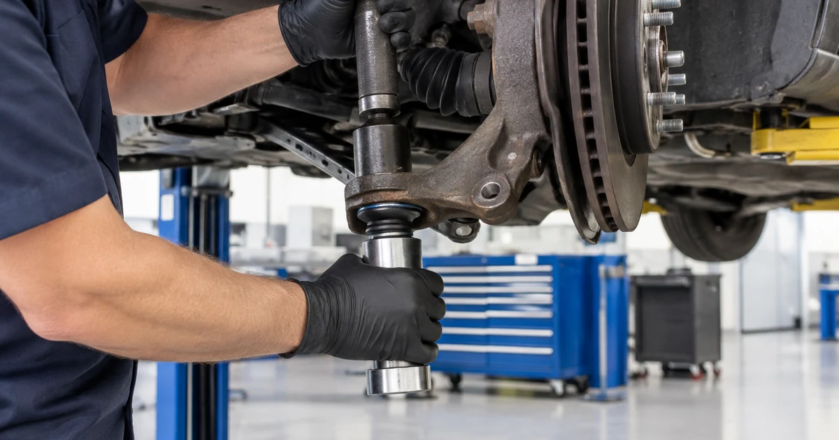 Ball joint replacement: a mechanic pressing a new lower ball joint into a steering knuckle on a car raised on a lift