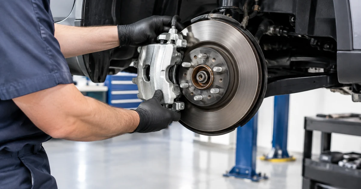Brake caliper replacement: a mechanic installing a new brake caliper over a brake rotor on a car lifted, wheel removed