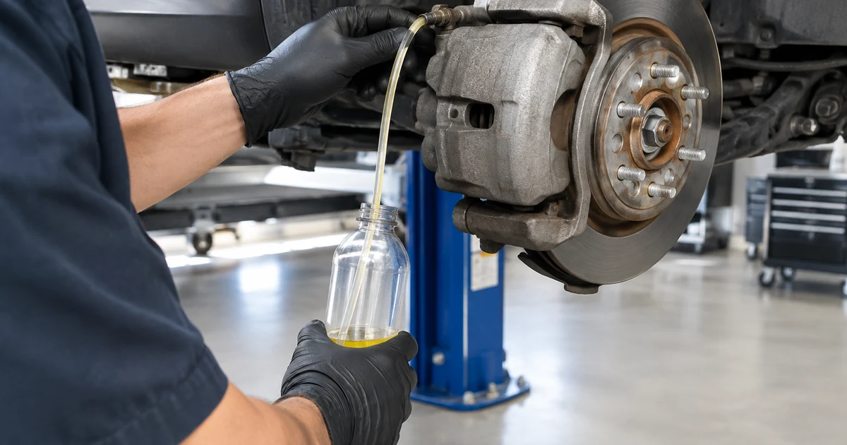 Brake fluid flush: a mechanic bleeding brake fluid from a brake caliper bleeder screw into a clear catch bottle on a car lifted