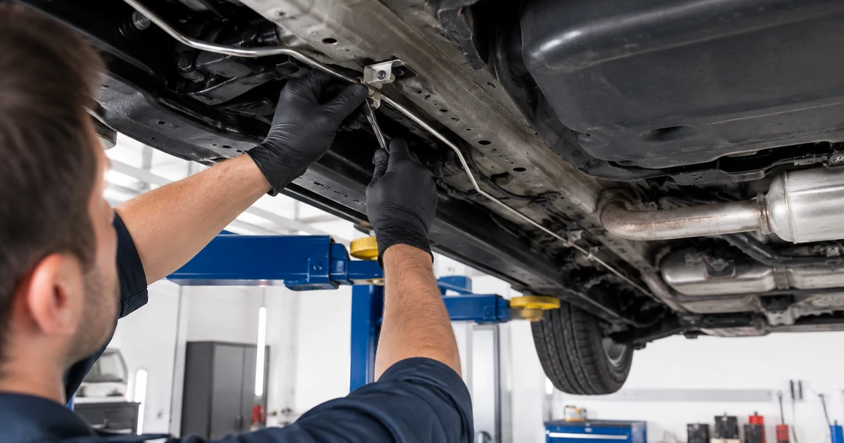 Brake line replacement: a mechanic installing a new steel brake line along the underside of a car on a lift
