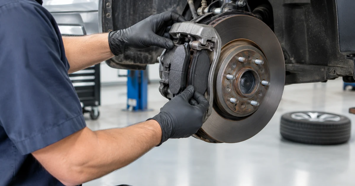 Brake pad replacement cost: a mechanic installing new brake pads into a disc brake caliper on a car lifted, wheel removed