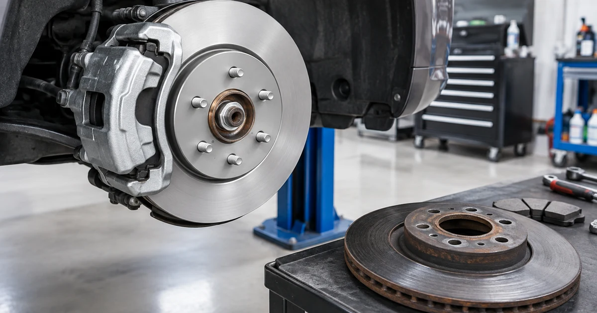 Brake pads and rotors cost: close-up of a new brake rotor and caliper on a car hub, wheel removed