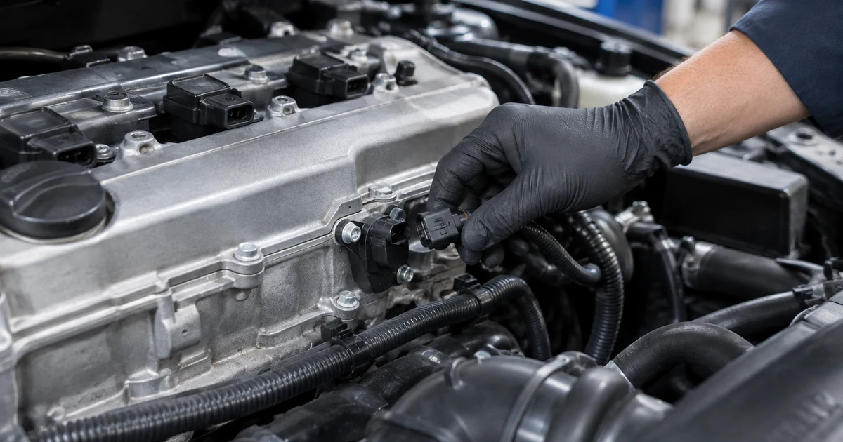 Camshaft position sensor replacement: close-up of a mechanic's hand unplugging a small camshaft position sensor on the side of a car engine cylinder head
