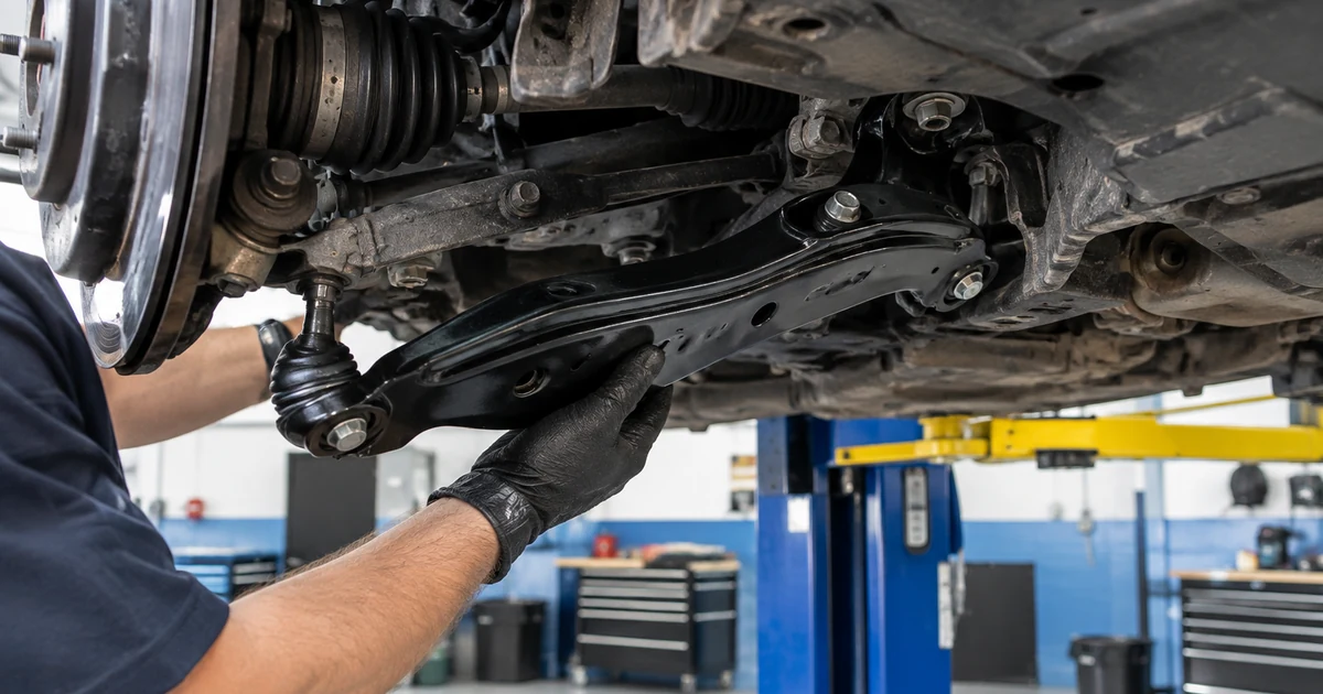Control arm replacement: a mechanic installing a new front lower control arm on a car raised on a lift