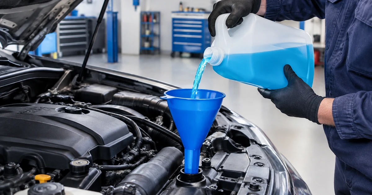 Coolant flush: a mechanic pouring fresh coolant through a spill-free funnel into a car radiator
