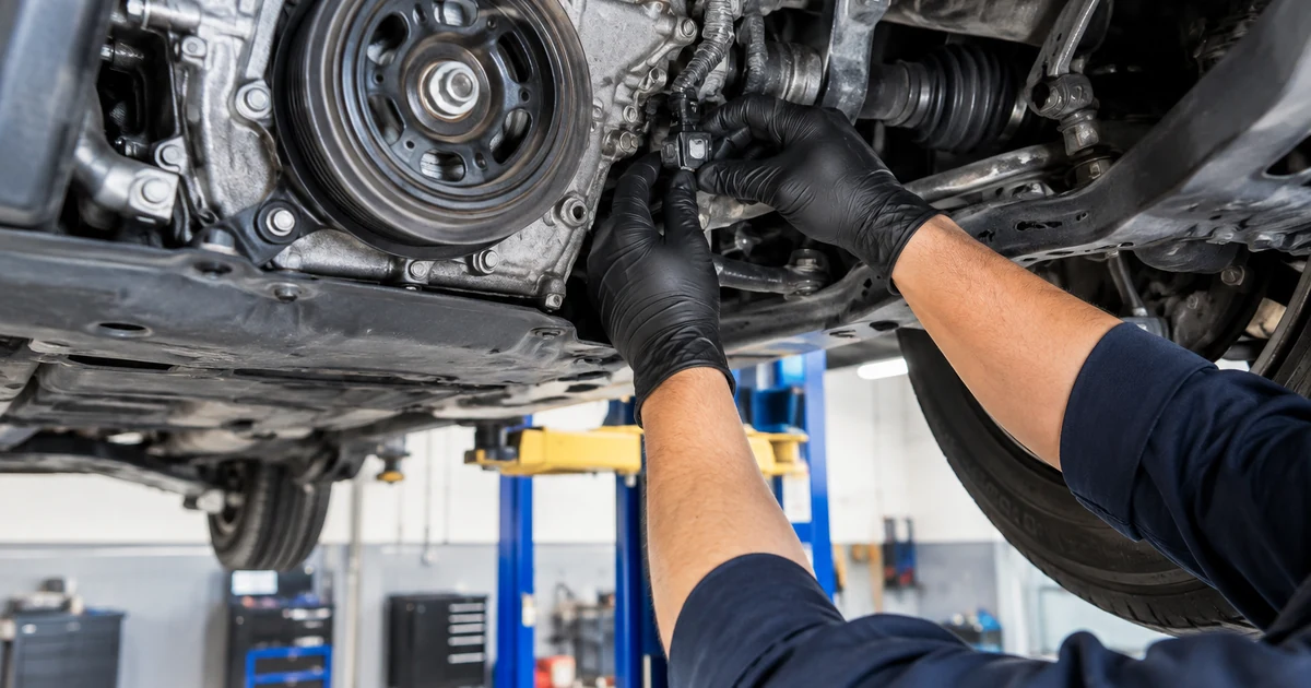 Crankshaft position sensor replacement: a mechanic under a car on a lift reaching toward a small crankshaft position sensor near the crank pulley at the front of the engine block
