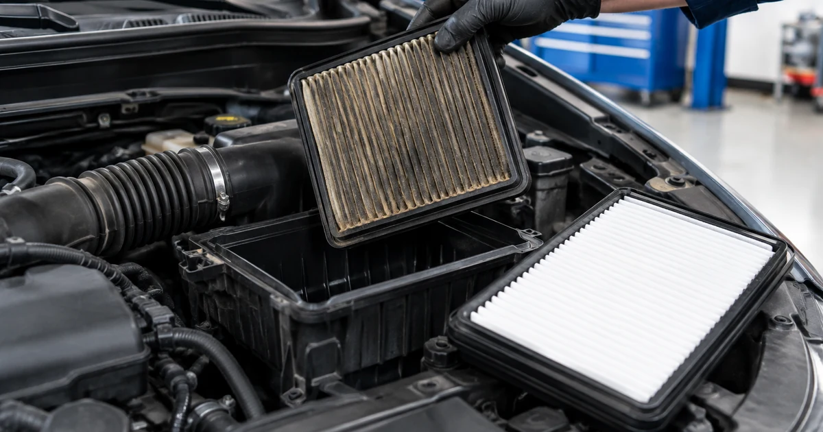 Engine air filter replacement: a hand lifting a dirty engine air filter out of an open air box in a car engine bay next to a clean new filter