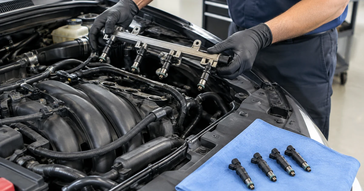 Fuel injector replacement: a mechanic removing a fuel rail with fuel injectors from the top of a car engine