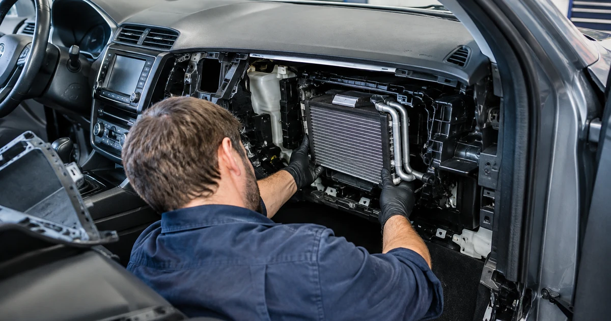 Heater core replacement: a mechanic working under a partly removed car dashboard to reach the heater core