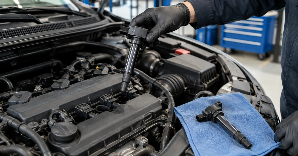 Ignition coil replacement: a mechanic pulling an ignition coil out of the top of a car engine