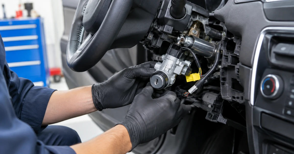 Ignition switch replacement: a mechanic working on a car steering column ignition switch with the lower dashboard trim removed