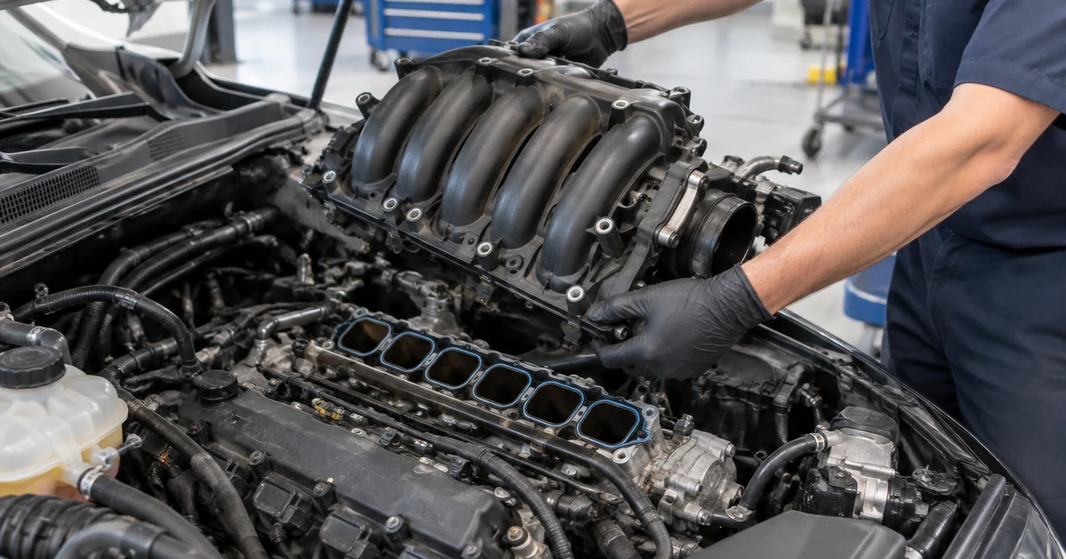 Intake manifold gasket replacement: a mechanic lifting an intake manifold off a V6 engine to replace the gaskets