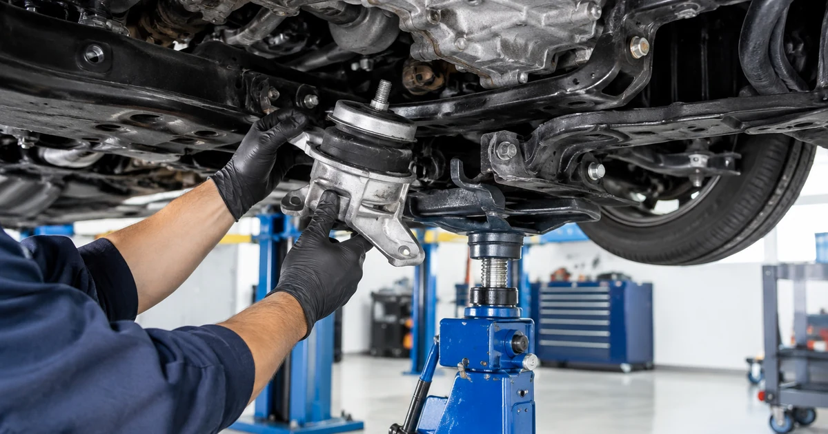 Motor mount replacement: a mechanic replacing an engine mount with the engine supported by a jack