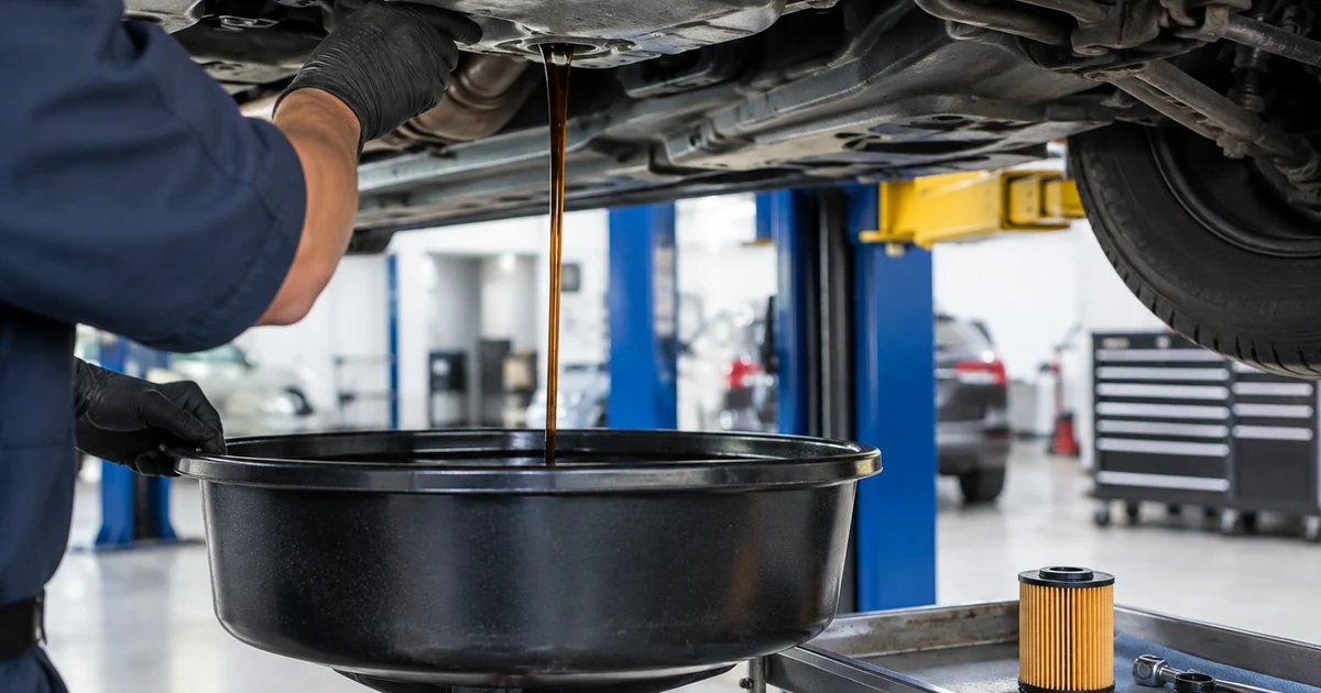 Oil change: a mechanic draining engine oil into a drain pan under a car on a lift, new oil filter on a tray