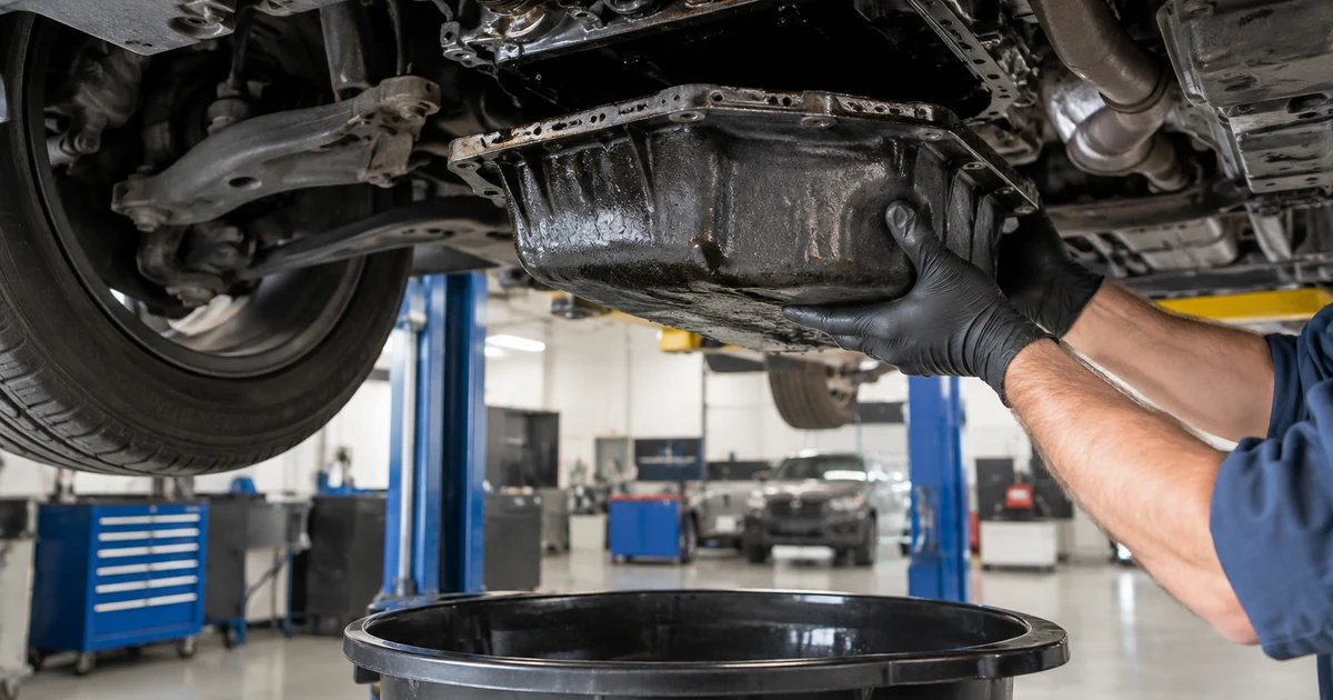 Oil pan gasket replacement: a mechanic under a car on a lift removing the engine oil pan, oil drain pan below