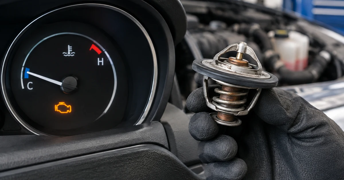 Fixing a P0128 code: a car dashboard temperature gauge reading cold with the check engine light on