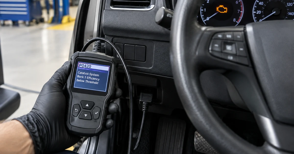 Fixing a P0420 code: a handheld OBD2 scanner plugged in under a car dashboard showing a check engine code
