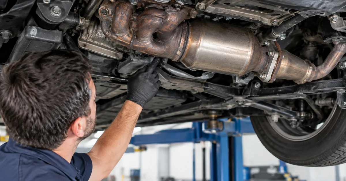 Diagnosing a P0430 code: a mechanic inspecting the exhaust manifold and catalytic converter on one side of a V6 engine from under a lifted car