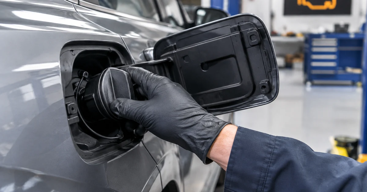 Fixing a P0456 code: a close-up of a hand tightening a car gas cap at an open fuel door