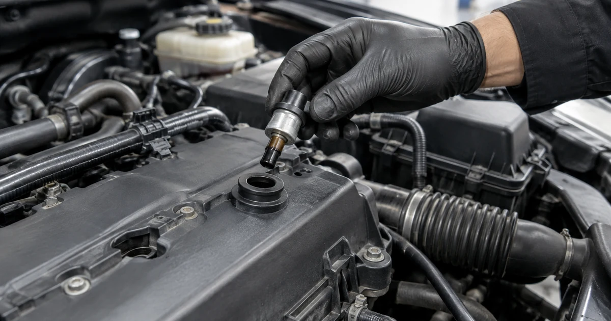 PCV valve replacement: a mechanic's hand pulling a small PCV valve out of a rubber grommet on a car engine valve cover