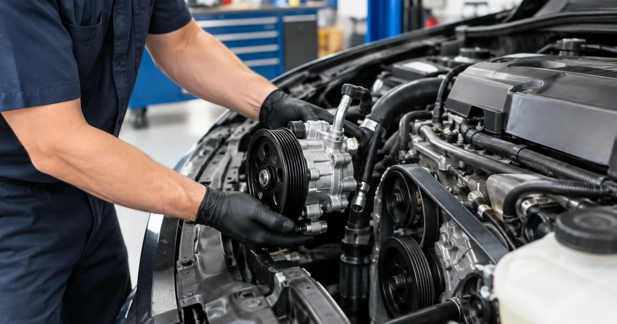 Power steering pump replacement: a mechanic replacing a belt-driven power steering pump on the front of a car engine