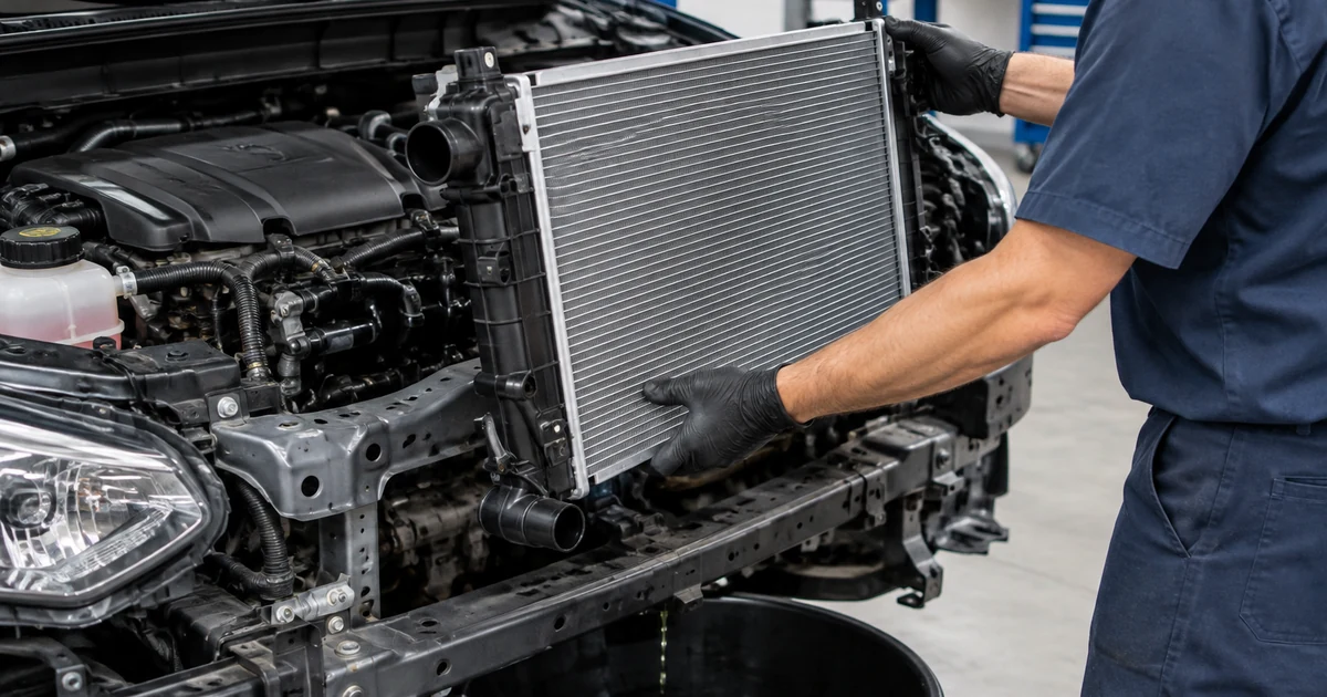 Radiator replacement: a mechanic lifting a new aluminum car radiator into the front of an engine bay, coolant drain pan below