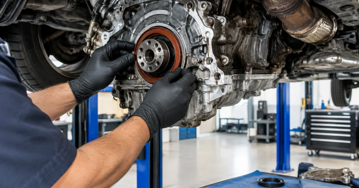 Rear main seal replacement: a car on a lift with the transmission removed