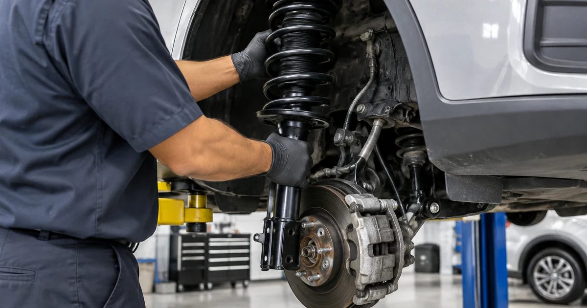 Strut replacement: a mechanic installing a complete front strut assembly on a car raised on a lift