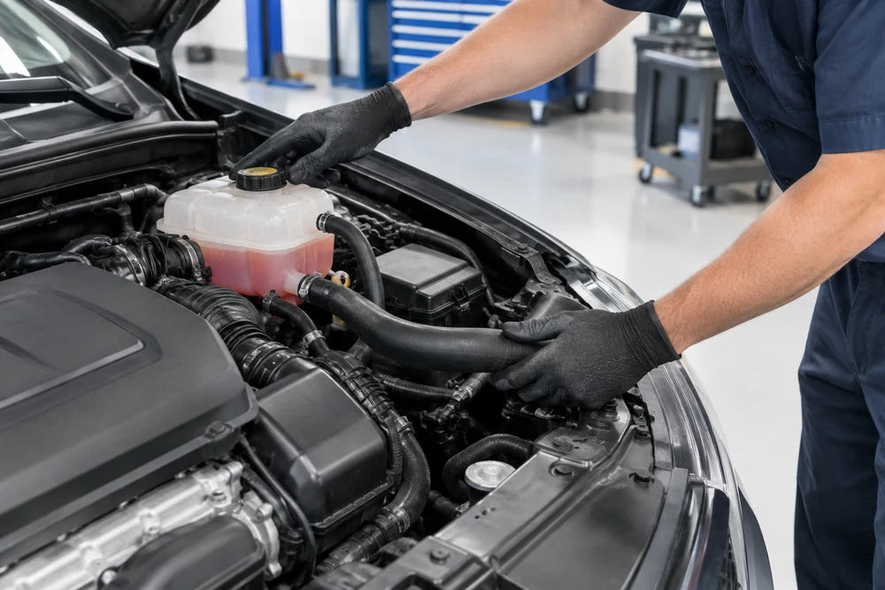 Car Overheating: a technician checking a cooled engine's coolant reservoir level and inspecting a radiator hose in a clean