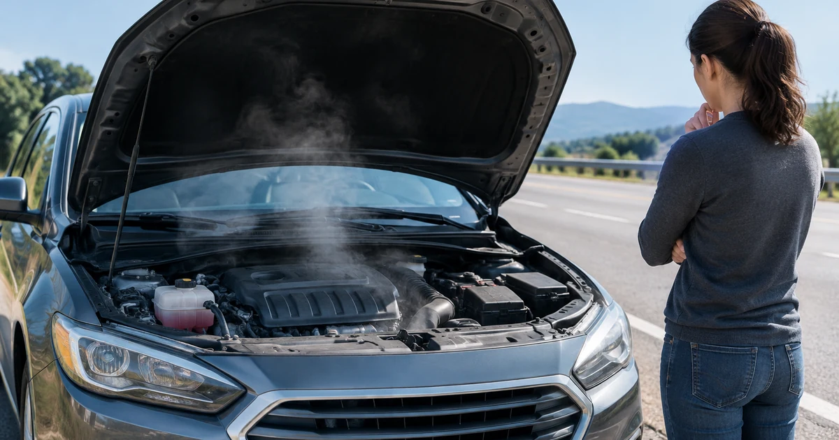 Car Overheating: a car pulled over on a road shoulder with the hood raised and light steam rising from the engine bay