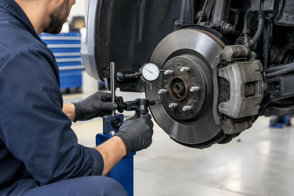 Why Does My Car Shake When Braking: a technician using a dial indicator to measure brake rotor runout on a car wheel hub in
