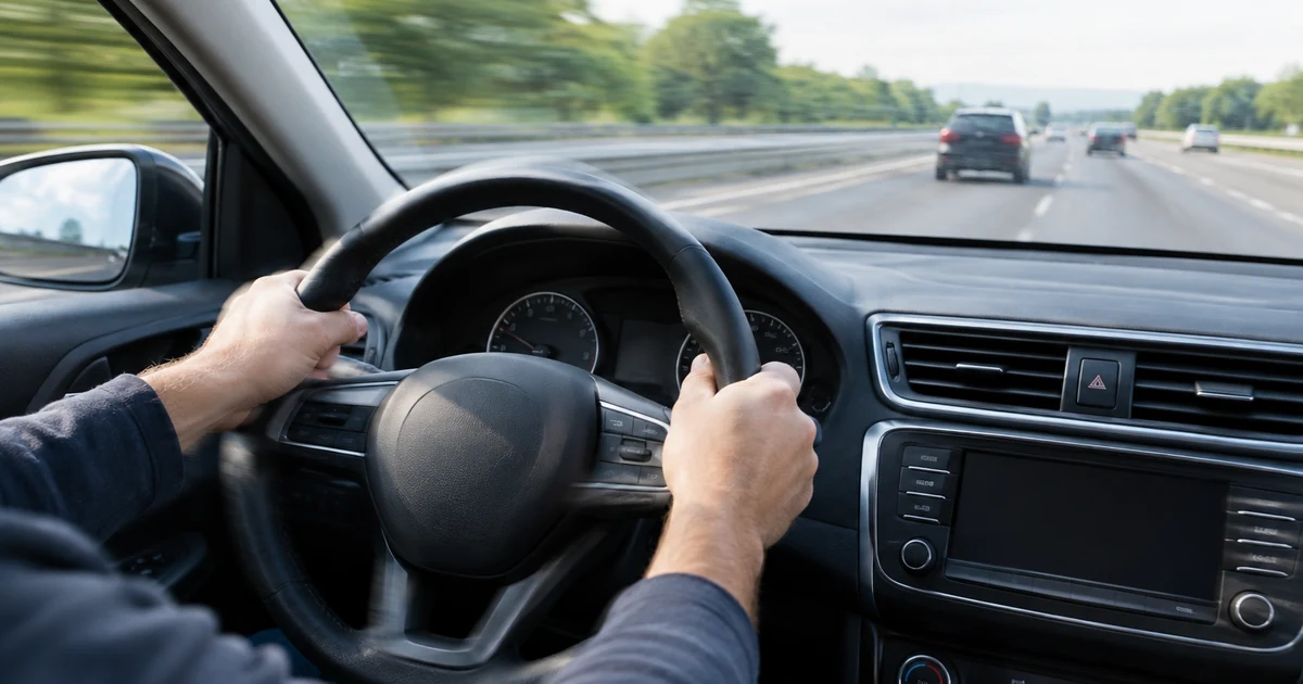 Why Does My Car Shake When Braking: a driver's hands gripping a steering wheel while braking on a highway, view from the