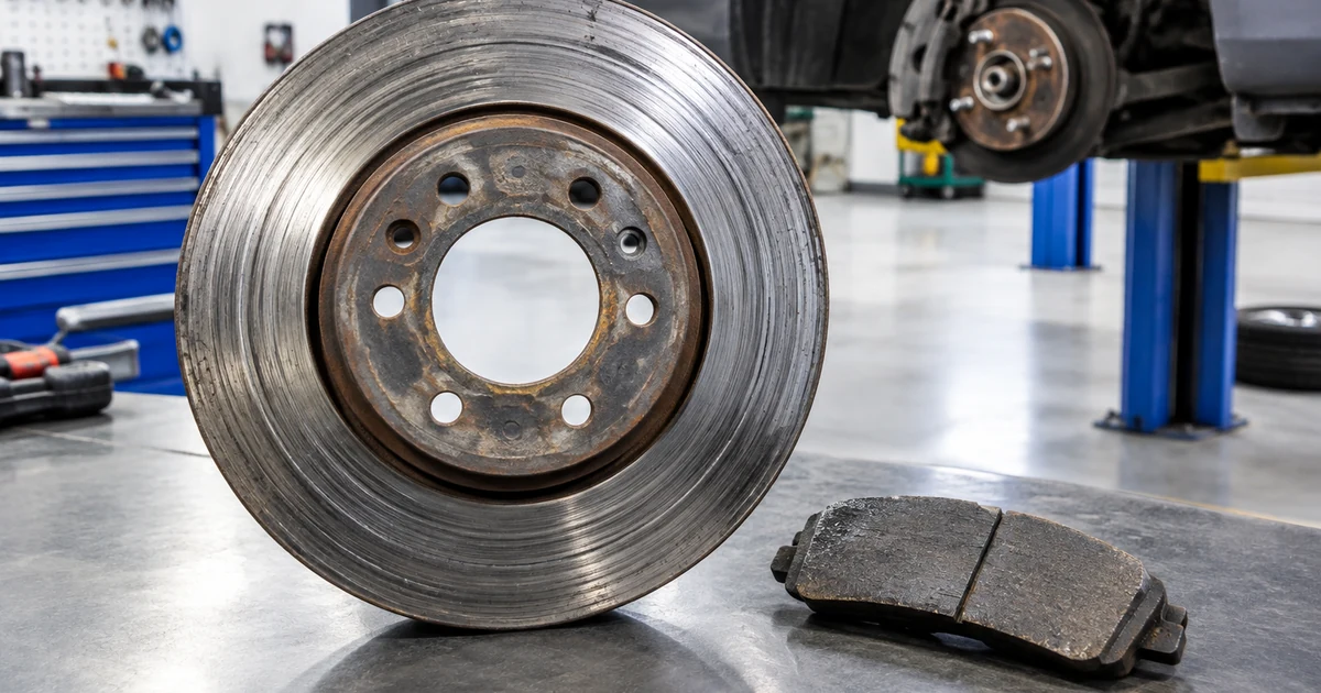 Grinding Noise When Braking: close-up of a badly scored brake rotor with deep grooves and a worn-out brake pad next to it on