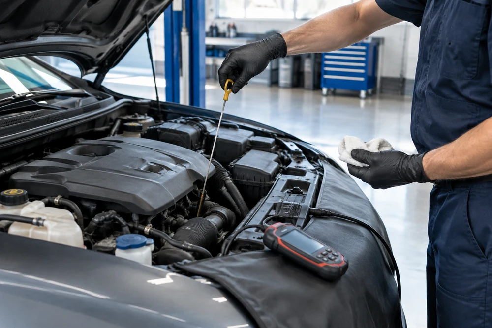 P0011 Code: a technician checking the engine oil dipstick of a modern car with a handheld OBD2 scanner resting on the