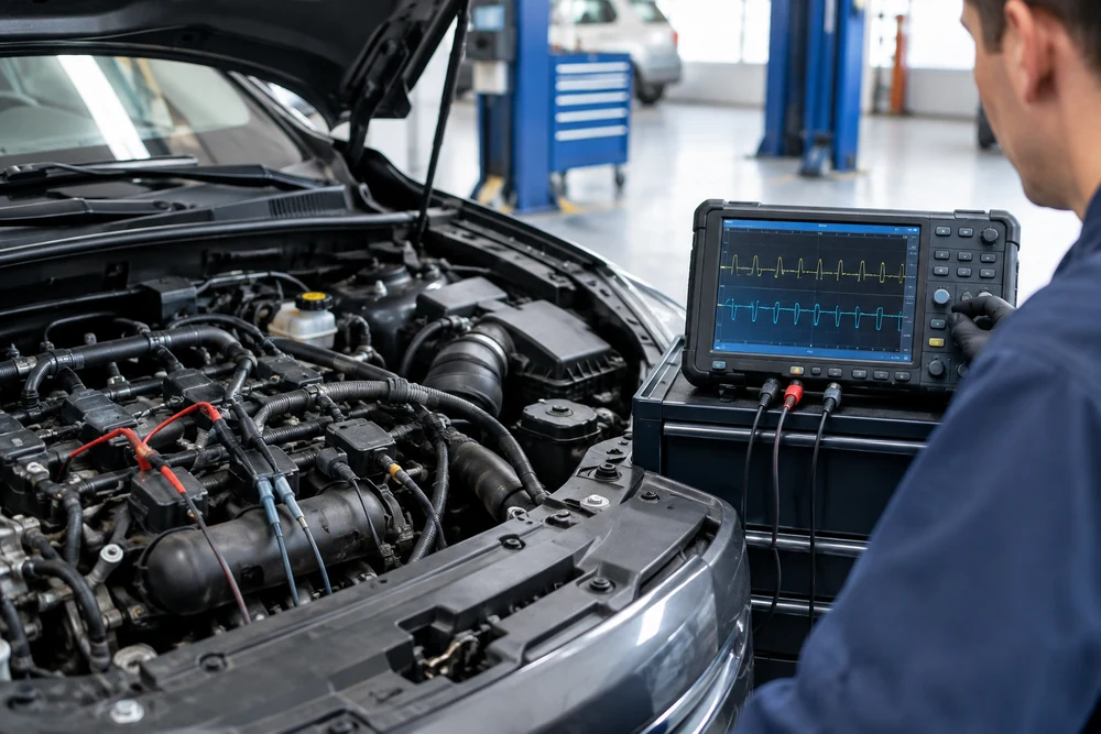P0016 Code: a technician viewing crankshaft and camshaft sensor waveforms on an oscilloscope connected to a car engine