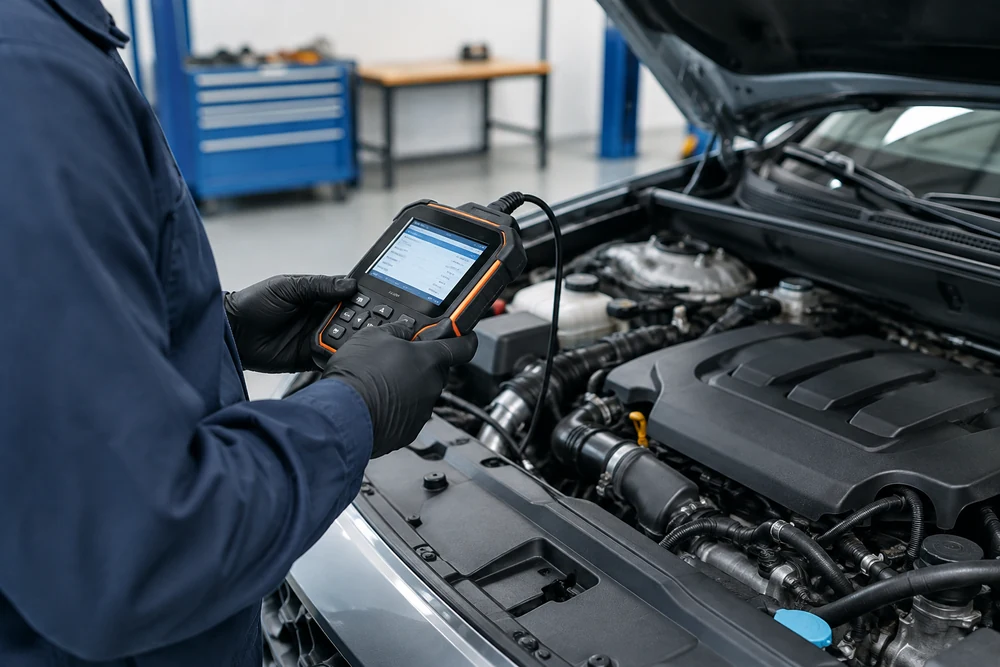 P0113 Code: a technician reading live intake air temperature data on a handheld OBD2 scanner next to an open car hood