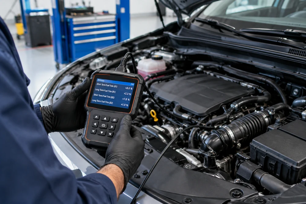 P0174 Code: a technician holding an OBD2 scanner showing live fuel trim data next to an open engine bay
