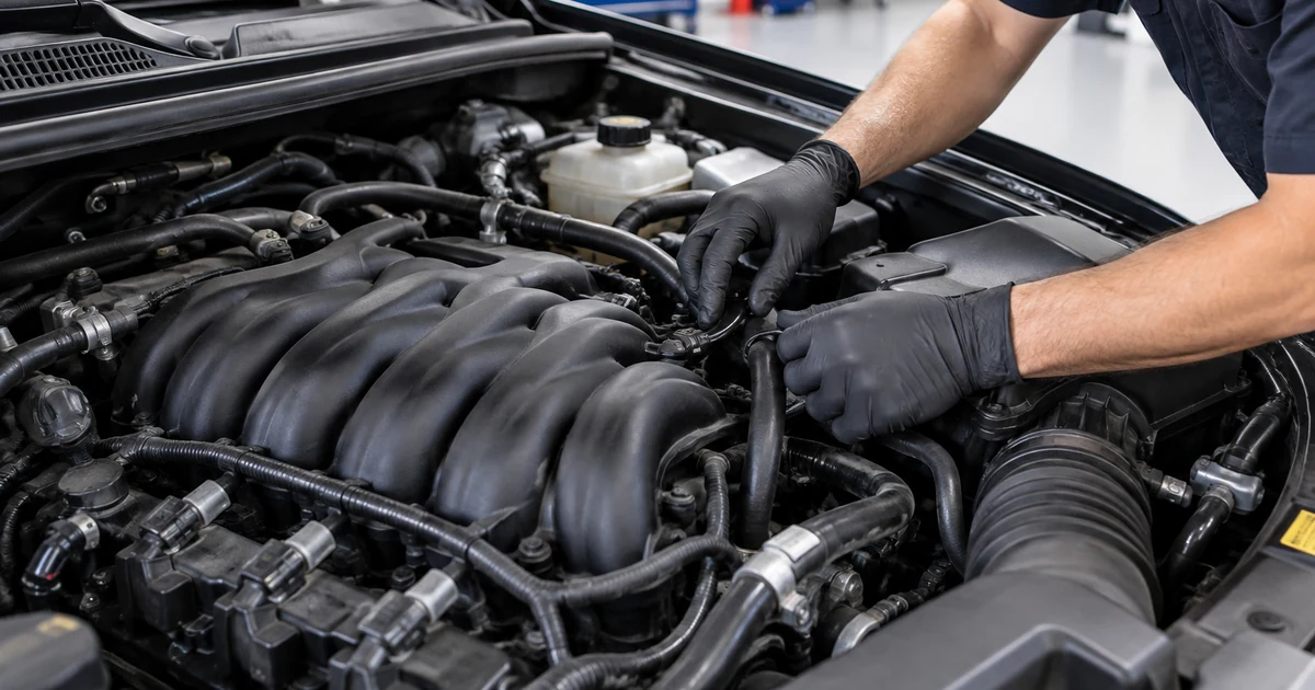 P0174 Code: a mechanic inspecting vacuum hoses on top of a V6 engine in a clean repair shop, engine bay close-up