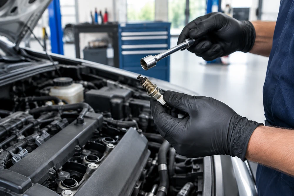 P0301 Code: a technician pulling a spark plug from a cylinder head with a long socket extension and inspecting its electrode