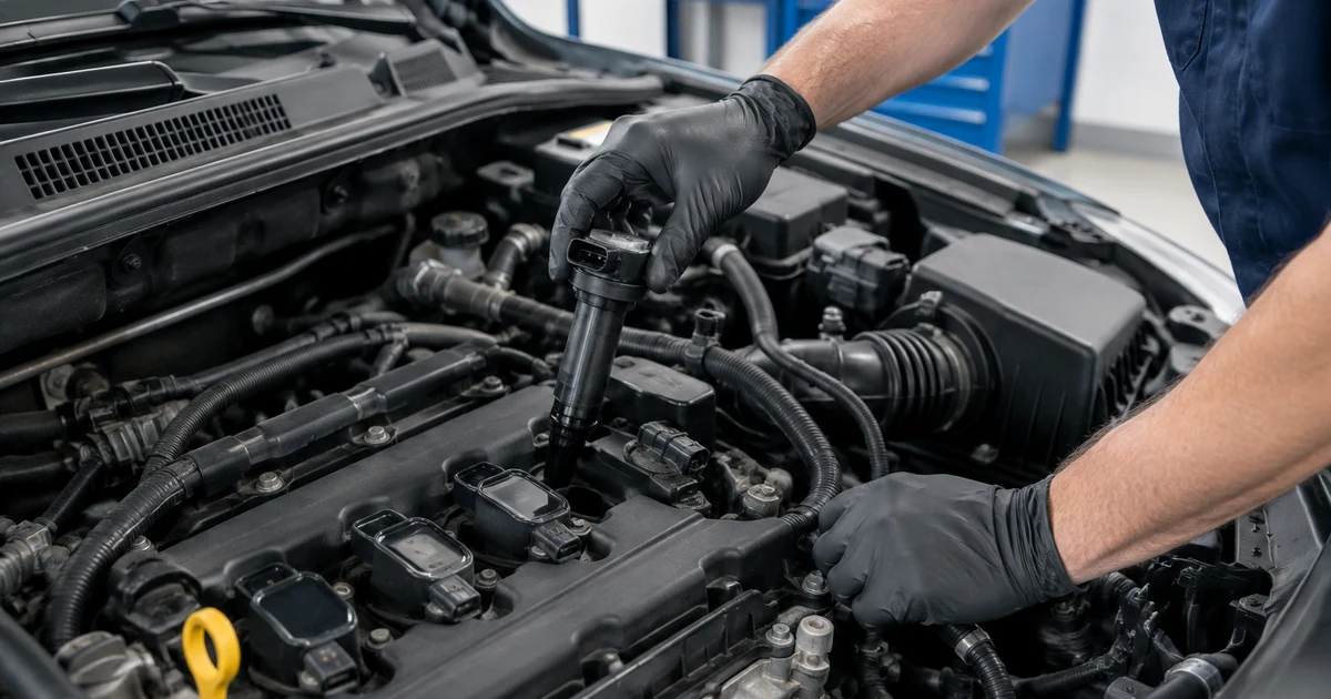 P0301 Code: a mechanic swapping an ignition coil between two cylinders on a four-cylinder car engine in a clean repair shop