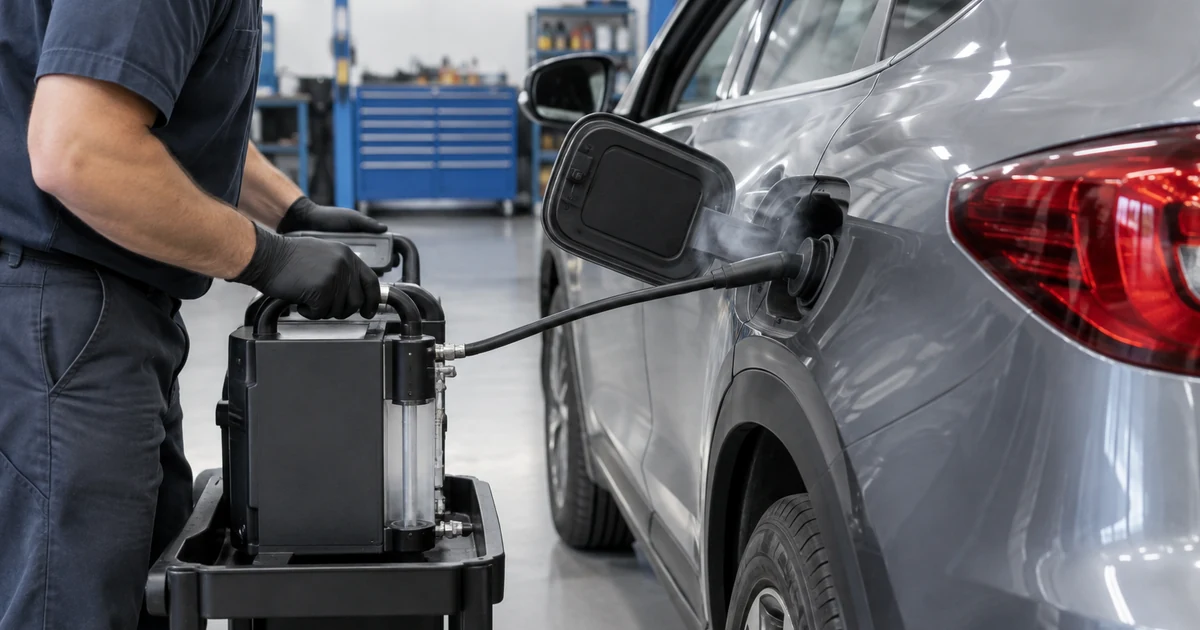 P0442 Code: a mechanic connecting an EVAP smoke test machine to a car's fuel filler in a clean repair shop, thin wisps of