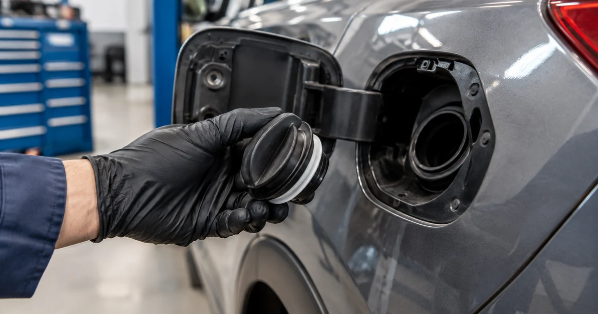 P0455 Code: a driver's hand holding a car gas cap next to an open fuel door, with the cap's rubber seal visible, check