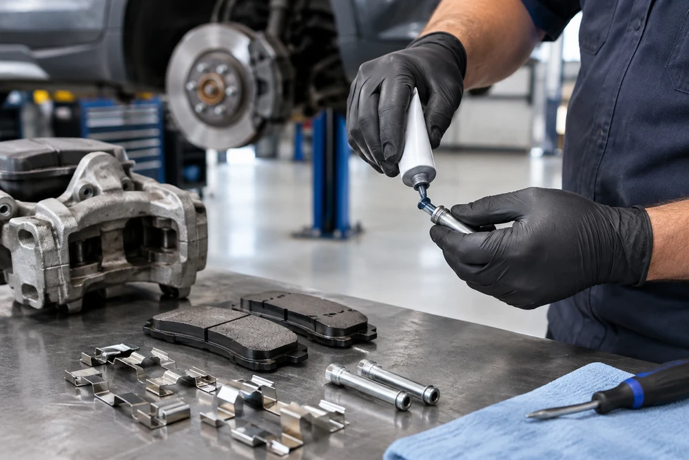 Why Are My Brakes Squeaking: a technician's gloved hand applying high-temperature brake lubricant to caliper slide pins on a