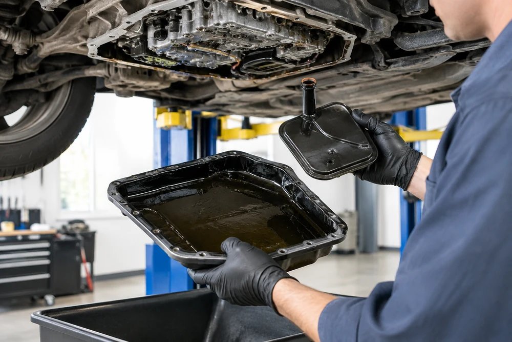 Why Is My Transmission Slipping: a technician inspecting an automatic transmission pan and filter removed from a car on a